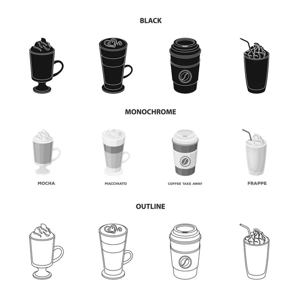 Mokka, macchiato, frappe, wziąć kawę. Różne rodzaje kawy zestaw kolekcji ikon w czarny, czarno-biały, www ilustracji symbol wektor zarys styl. — Wektor stockowy