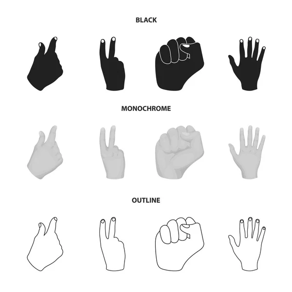 Öppen knytnäve, seger, girigbuk. Hand gest som samling ikoner i disposition stil vektor symbol stock illustration web, svart, svartvitt. — Stock vektor