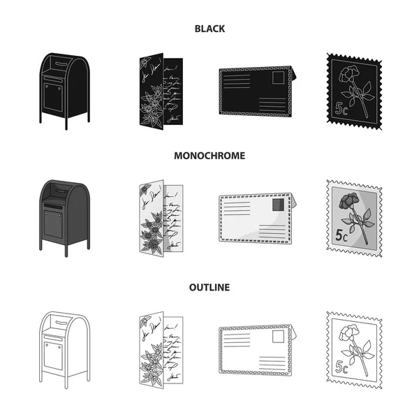 Boîte aux lettres, carte de félicitations, timbre-poste, enveloppe.Poste et postier mis icônes collection en noir, monochrome, contour style vectoriel symbole illustration web . — Image vectorielle