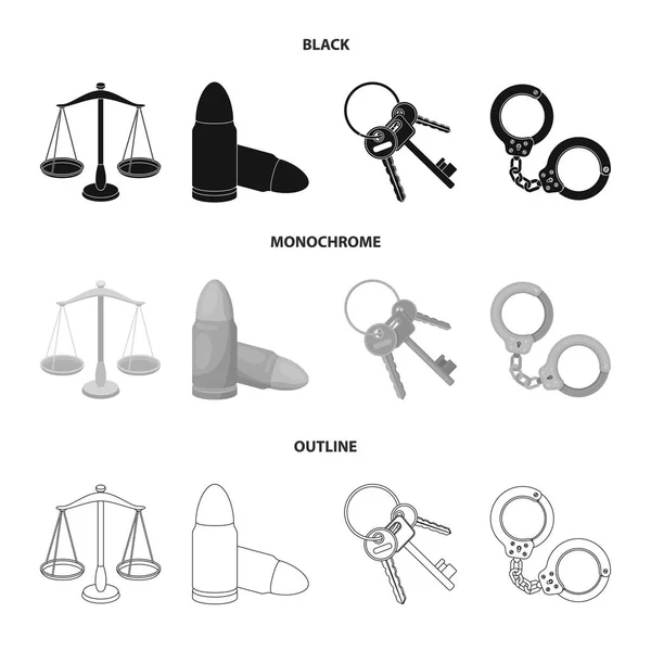 Scales of justice, cartridges, a bunch of keys, handcuffs.Prison set collection icons in black,monochrome,outline style vector symbol stock illustration web. — Stock Vector