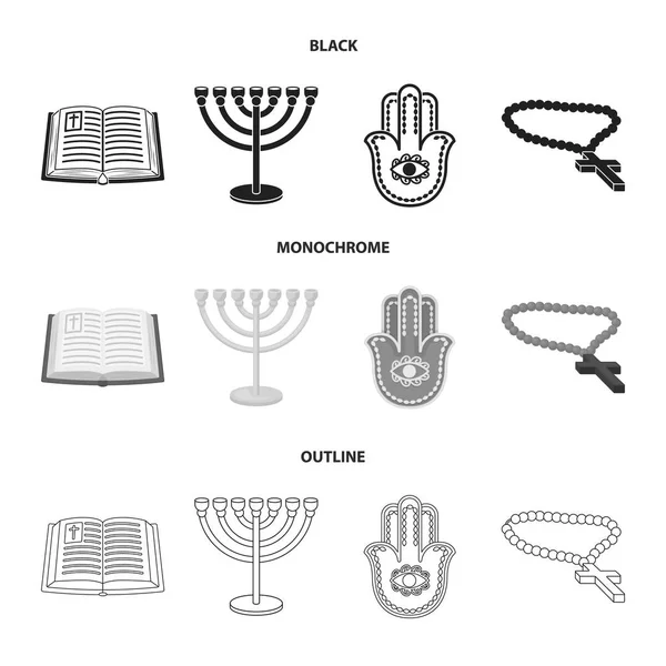 Bible, menorah, hamsa, orthodox cross.Religion set collection icons in black, monochrome, outline style vector symbol stock illustration web . — стоковый вектор