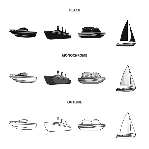 Hajó védelem, mentőcsónak, teher-gőzös, yacht sport. Hajók és vízi közlekedés készlet gyűjtemény ikonok-ban fekete, fekete-fehér, vázlat stílusú vektor szimbólum stock illusztráció web. — Stock Vector