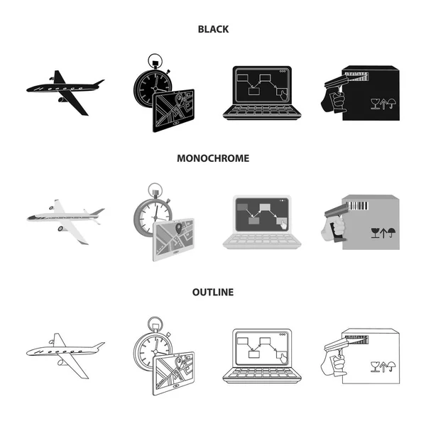 수송 항공기, 배달 시간, 컴퓨터 회계, 제어 및 상품의 회계에. 물류 및 배달 설정 컬렉션 아이콘 흑인, 흑백, 윤곽선 스타일에서에서 등각 투영 벡터 기호 주식 — 스톡 벡터