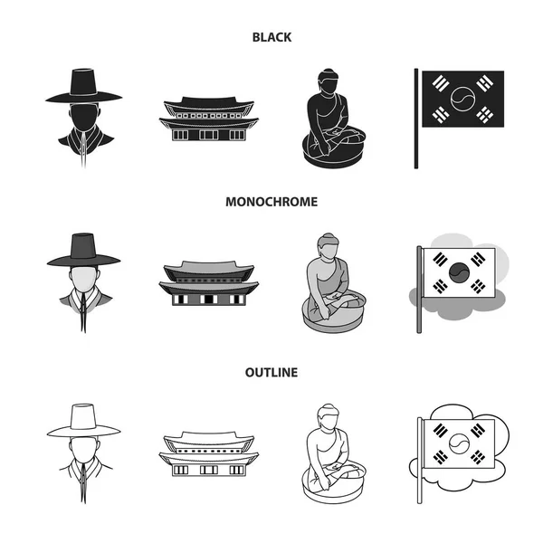 Coreano en tocado nacional, monasterio coreano, estatuilla de Buda, bandera nacional. Corea del Sur conjunto de iconos de colección en negro, monocromo, contorno estilo vector símbolo stock ilustración web . — Archivo Imágenes Vectoriales