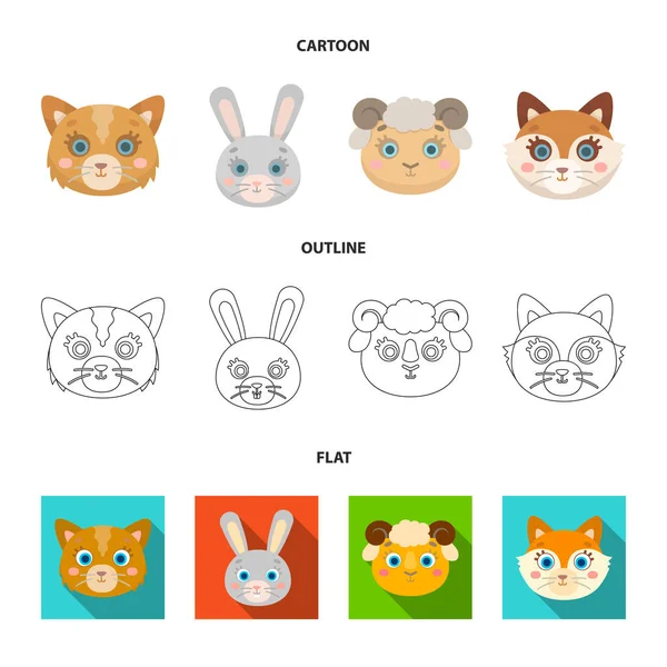 Katze, Hase, Fuchs, Schaf. Tier Schnauze Set Sammlung Symbole in Cartoon, Umriss, flachen Stil Vektor Symbol Stock Illustration Web. — Stockvektor