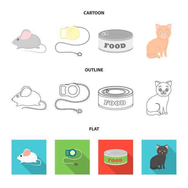 Ratón, correa para mascotas, comida para mascotas, gatito. Gato conjunto colección iconos en dibujos animados, contorno, plano estilo vector símbolo stock ilustración web . — Vector de stock
