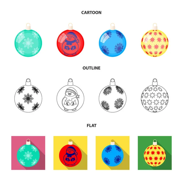 Nový rok hračky kreslený, obrys, ploché ikony v nastavení kolekce pro design. Vánoční koule pro treevector symbol akcií webového obrázku. — Stockový vektor