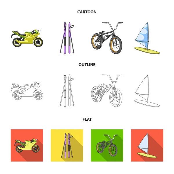 Motorrad, Bergski, Radfahren, Surfen mit einem sail.extreme sport set collection icons in cartoon, outline, flat style vektor symbol stock illustration web. — Stockvektor