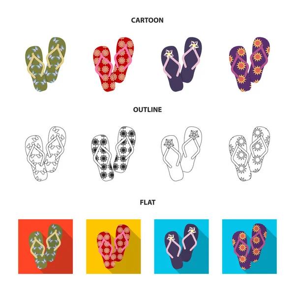Flip-flops tecknad, skissera, platt ikoner i set samling för design. Stranden skor vektor symbol lager web illustration. — Stock vektor