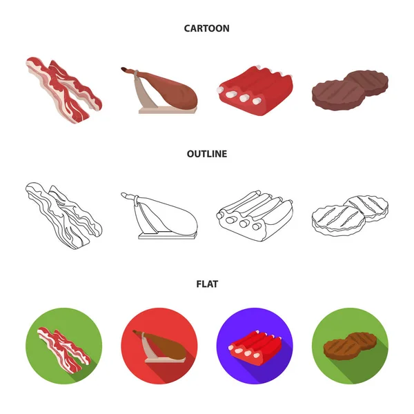 Speck, Marmelade, Schweinerippchen, gebratene Schnitzel. Fleisch Set Sammlung Symbole in Cartoon, Umriss, flachen Stil Vektor Symbol Stock Illustration Web. — Stockvektor