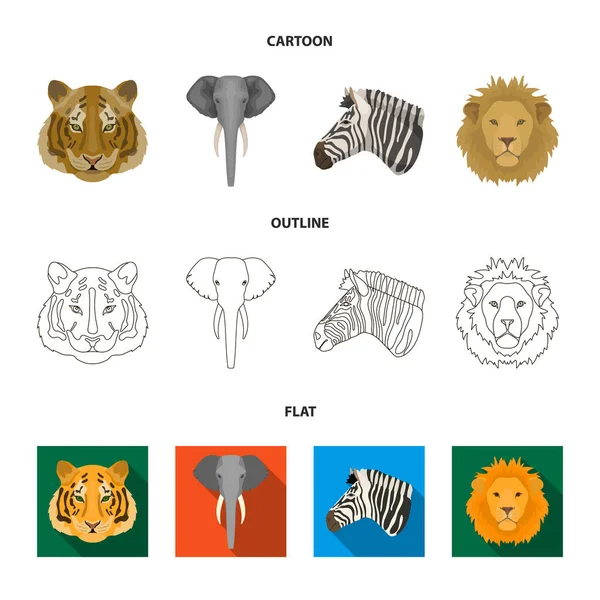 Tigre, león, elefante, cebra, animales realistas conjunto de iconos de colección en dibujos animados, contorno, vector de estilo plano símbolo stock illustration web . — Archivo Imágenes Vectoriales