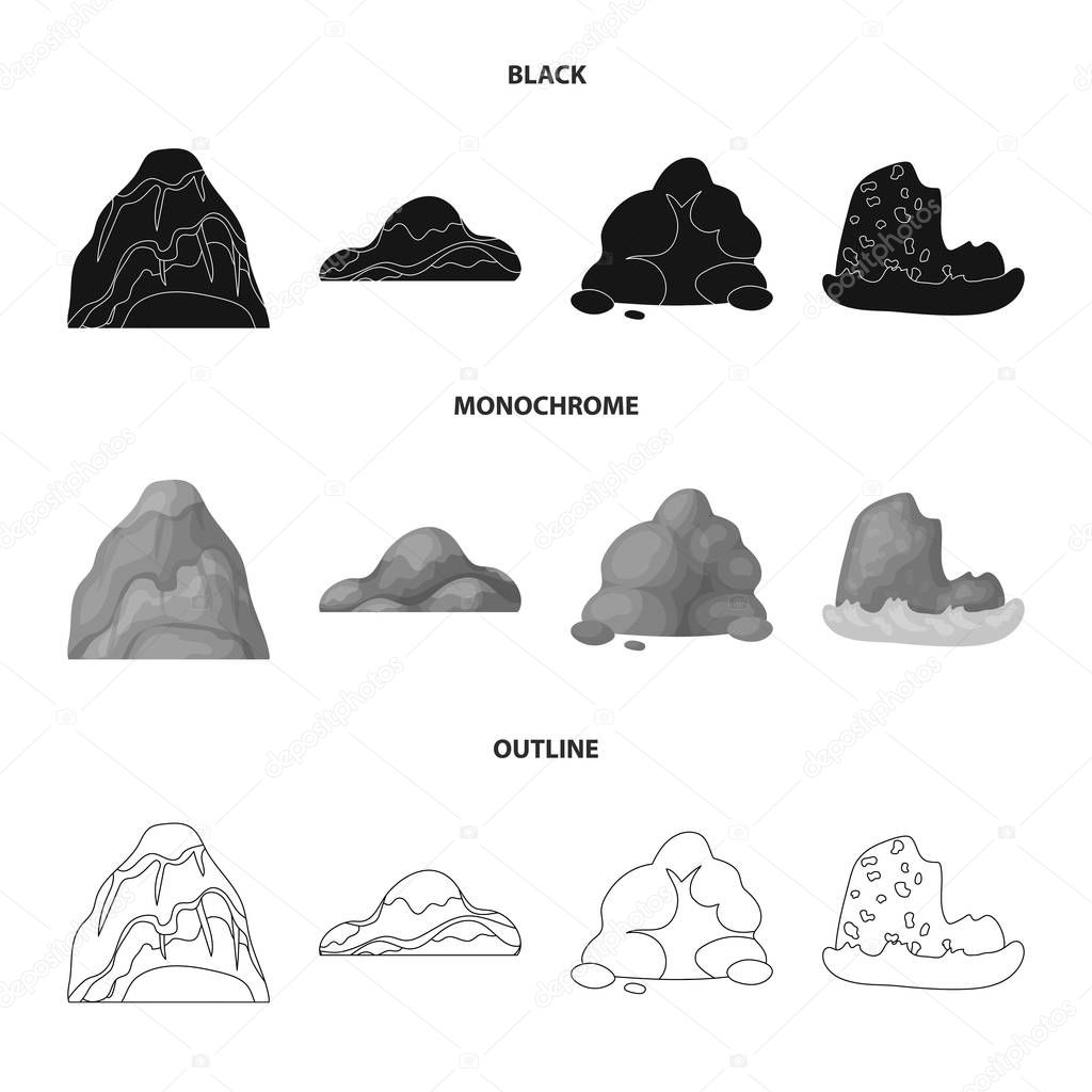 Boulders, a rounded mountain, rocks in the sea. Different mountains set collection icons in black,monochrome,outline style vector symbol stock illustration .
