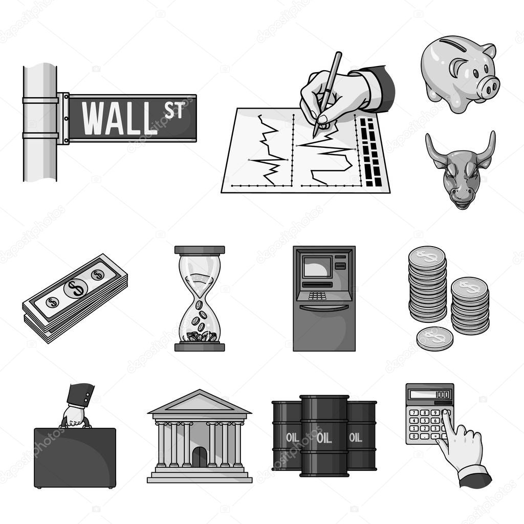 Money and Finance monochrome icons in set collection for design. Business and Success vector symbol stock  illustration.