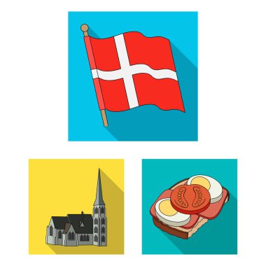 Danimarka düz Icons set koleksiyonu tasarım için seyahat. Danimarka ve konumlar sembol stok web illüstrasyon vektör.