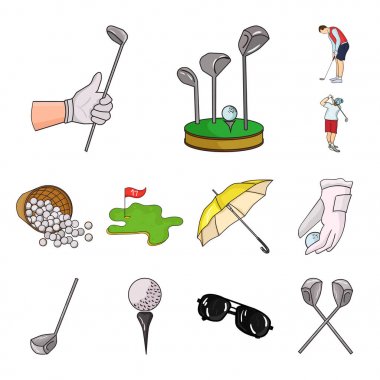 Golf ve öznitelikleri set koleksiyonu tasarım için simgeleri karikatür. Golf Kulübü ve ekipman sembol stok web illüstrasyon vektör.