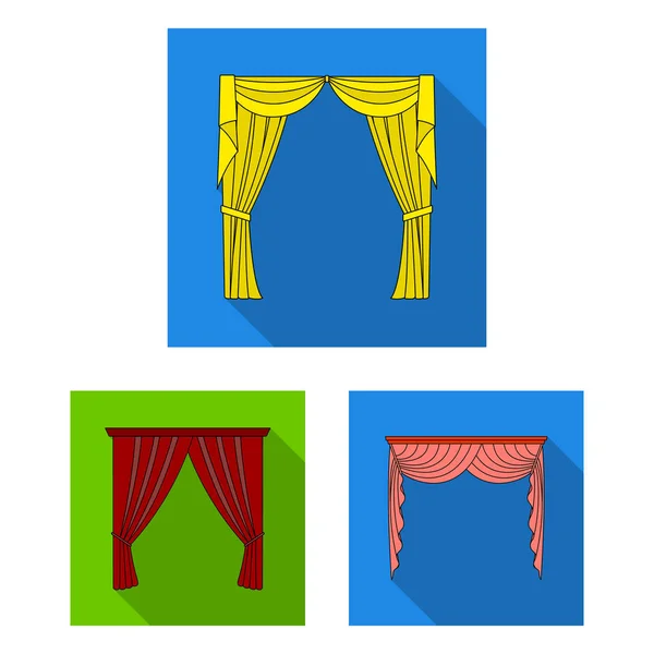 Diferentes tipos de cortinas iconos planos en la colección de conjuntos para el diseño. Cortinas y lambrequines vector símbolo stock web ilustración . — Archivo Imágenes Vectoriales