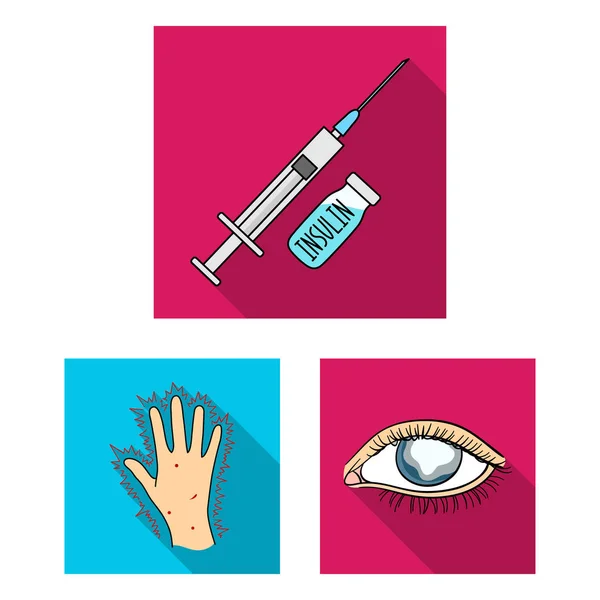 Iconos planos de diabetes en la colección de conjuntos para el diseño. Tratamiento de la diabetes vector símbolo stock web ilustración . — Vector de stock