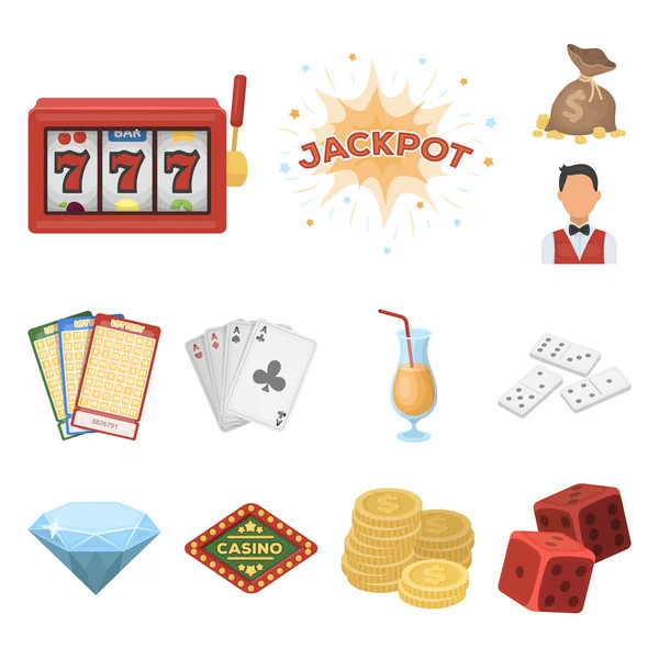 Καζίνο και τυχερά παιχνίδια κινουμένων σχεδίων εικονίδια στο σύνολο συλλογής για το σχεδιασμό. Καζίνο και εξοπλισμός σύμβολο μετοχής web εικονογράφηση διάνυσμα. — Διανυσματικό Αρχείο
