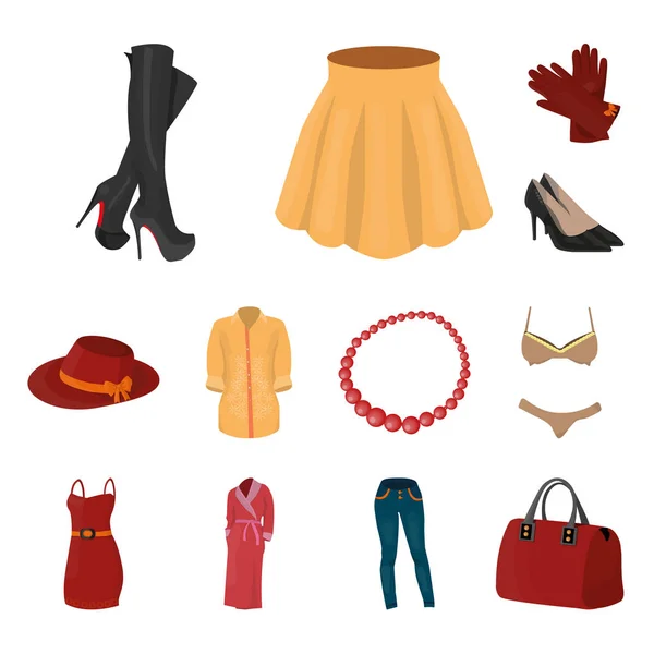 Vrouwen kleding cartoon pictogrammen in set collectie voor design. Variëteiten van de kleding en accessoires symbool voorraad web vectorillustratie. — Stockvector