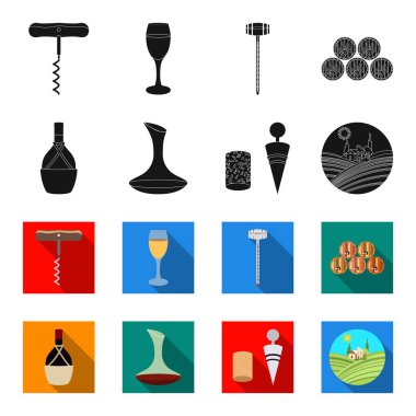 Bir şişe şarap bir sepet, bir gafine, bir tirbuşon mantar, üzüm bir vadi ile. Şarap üretimi toplama simgeler siyah, flet stil vektör simge stok çizim web içinde ayarla..