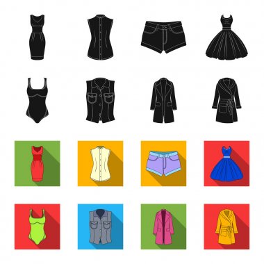 Kadın, siyah giyim flet simgeler toplama tasarımı için ayarlayın. Sembol stok web illüstrasyon vektör giyim çeşitleri ve aksesuarlar.