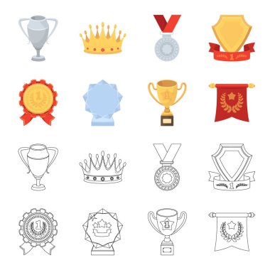 Bir Olimpiyat madalya ilk yer, bir kristal top, gold Kupası bir stand, kırmızı bir kolye için. Kupalar ve ödüller çizgi film, anahat stili vektör simge stok çizim web simgeler ayarla.
