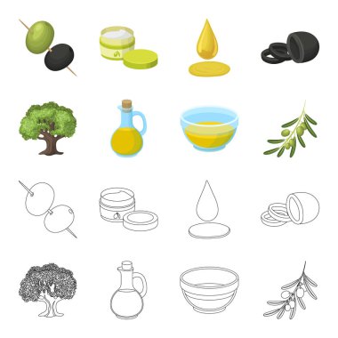 Bir zeytin ağacı, zeytin dalı, bir gemi ve petrol bir sürahi. Zeytin toplama simgeler çizgi film, anahat stili vektör simge stok çizim web ayarla..