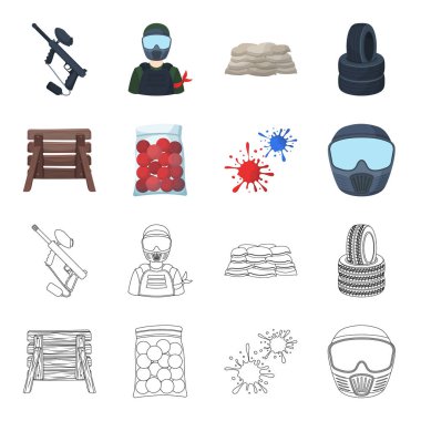 Ahşap barikat, koruyucu maske ve diğer aksesuarları. Paintball tek simge karikatür, anahat stili vektör simge stok çizim web.