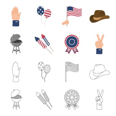 Barbekü, Selam, ebblema, zafer oylama. Vatansever gün çizgi film, anahat stili vektör simge stok çizim web simgeler ayarla.