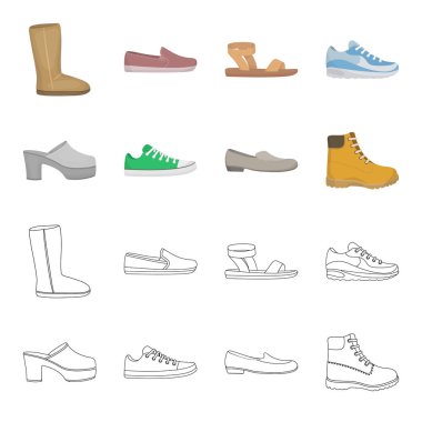 Parmak arası terlik, takunya yüksek bir platform ve topuk, dantel, kadın gri bale daireler, tek traktör kırmızı ayakkabılar ile yeşil spor ayakkabı. Ayakkabı toplama simgeler çizgi film, anahat stili vektör simgesi ayarla