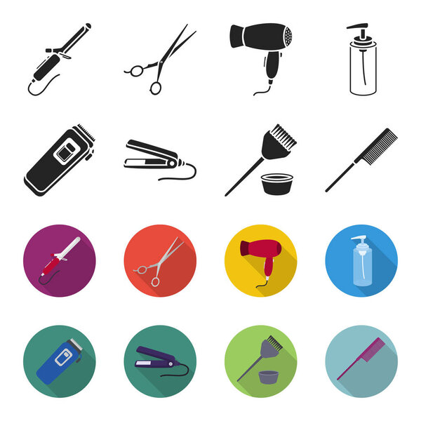 Trim, hair coloring, comb, straightener. Hairdresser set collection icons in black,flet style vector symbol stock illustration web.