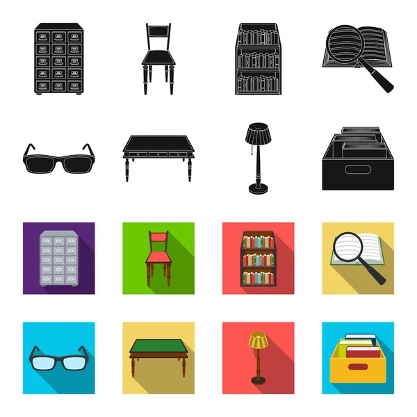 Gafas, una mesa de madera, una lámpara de pie, una caja con libros. Una biblioteca y una librería establecen iconos de colección en negro, flet estilo vector símbolo stock ilustración web . — Vector de stock