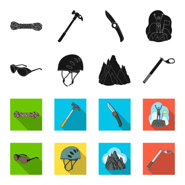 Helmet, goggles, wedge safety, peaks in the clouds.Mountaineering set collection icons in black, flet style vector symbol stock illustration web . — стоковый вектор