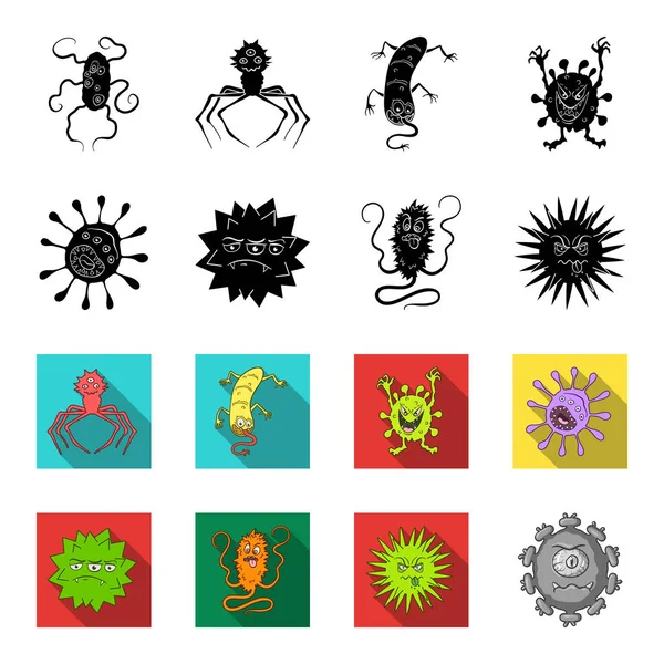 Diferentes tipos de microbios y virus. Los virus y bacterias establecen iconos de colección en negro, flet estilo vector símbolo stock ilustración web . — Vector de stock