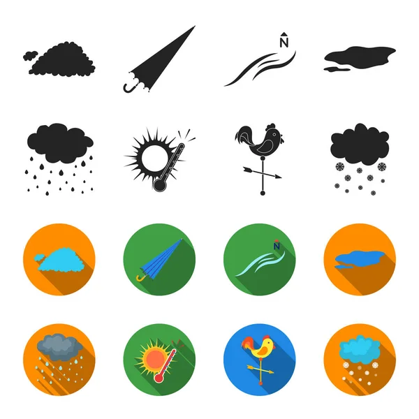 Deszcz, śnieg, ciepła, weathervane. Pogoda zestaw kolekcji ikon w czarny, flet styl wektor symbol czas ilustracja web. — Wektor stockowy