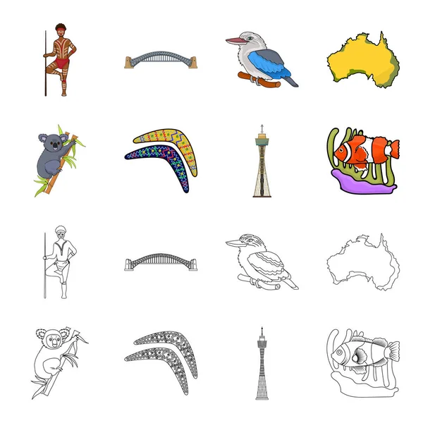 Koala em bambu, bumerangue, torre de Sydney, palhaço de peixe e amônia. Austrália conjunto coleção ícones em desenhos animados, esboço estilo vetor símbolo ilustração web . — Vetor de Stock