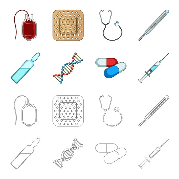 ADN humano y otros equipos.Iconos de colección conjunto de medicina en dibujos animados, contorno estilo vector símbolo stock ilustración web . — Vector de stock