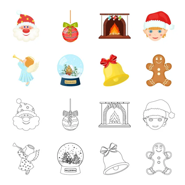 Engel, Glasschale, Lebkuchen und Glocken Cartoon, umreißen Symbole in Set-Kollektion für Design. weihnachten vektor symbol stock web illustration. — Stockvektor