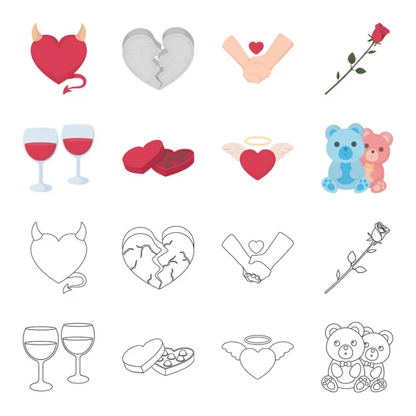 Vasos con vino, corazones de chocolate, osos, valentine.Romantik conjunto de iconos de la colección en dibujos animados, contorno estilo vector símbolo stock ilustración web . — Vector de stock