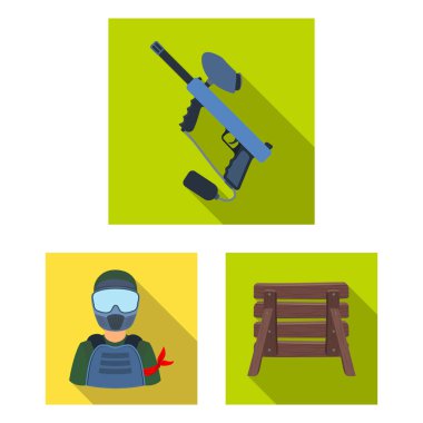 Paintball takım set koleksiyonu tasarım için oyun düz simgeler. Ekipman ve kıyafet sembol stok web illüstrasyon vektör.