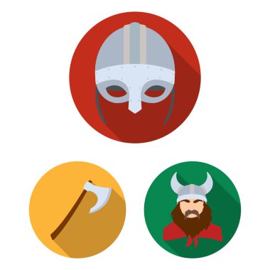 Düz set koleksiyonu tasarım için simgeleri Vikingler ve öznitelikleri. Eski İskandinav savaşçı vektör simge stok web çizimi.