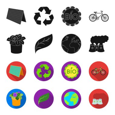 Bir işleme tesisi, bir pot, yeşil bir yaprak, bir gezegen Earth.Bio ve ekoloji çiçek toplama simgeler siyah, flet stil vektör simge stok çizim web içinde ayarla.