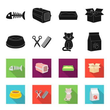 Gıda, bir kedi, hasta bir kedi, bir paket beslemeleri için saç kesimi ile bir kase. siyah, flet stil vektör simge stok çizim web küme koleksiyon simgeler.