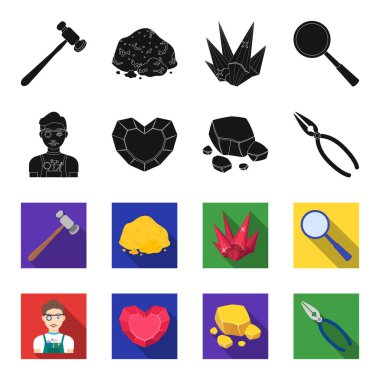 Kuyumcu, pense, altın cevheri, kalp şeklinde Lal. Değerli mineraller ve kuyumcu toplama simgeler siyah, flet stil vektör simge stok çizim web ayarla.