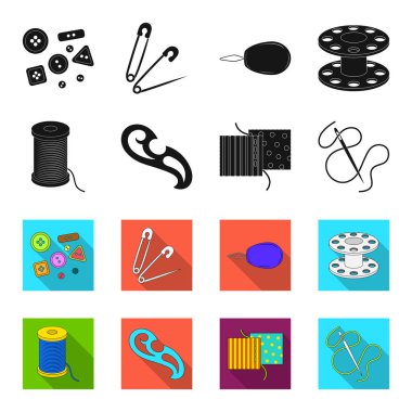 Bir makara ile konu, bir iğne, bir curl, kumaş dikiş. Dikiş veya araçları terzilik toplama simgeler siyah, flet stil vektör simge stok çizim web ayarla.