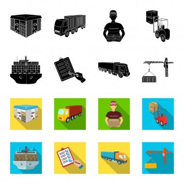 Deniz taşıma, imzasını teslimat belgeleri, kamyon, kule ile Konteyner Vinç. Lojistik ve dağıtım toplama simgeler siyah, flet tarzı izometrik vektör simge stok çizim web ayarla.