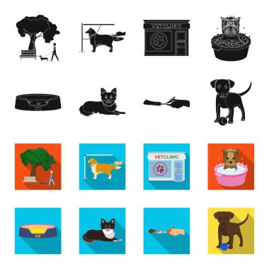 Tembel bir evcil hayvan, pençeleri veteriner Kliniği, kırpma, köpek yalan, bir top ile köpek yavrusu için. Veteriner Kliniği ve evde beslenen hayvan, köpek bakım toplama simgeler siyah, flet stil vektör simge stok çizim web içinde ayarlayın..