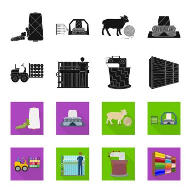 Ekipman, makine, forklift ve diğer web simge siyah, flet tarzı. Tekstil, endüstri, doku, küme koleksiyon simgeler.