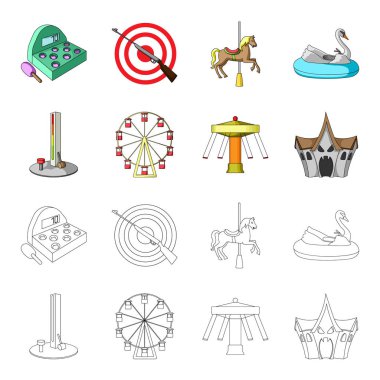 Ölçme gücü, bir dönme dolap, bir atlıkarınca, penceresi olan bir ev için aygıtın bir sopa ile. Eğlence Parkı toplama simgeler çizgi film, anahat stili vektör simge stok çizim web ayarla..