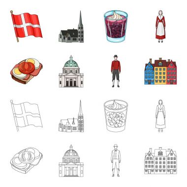 Danimarka, Tarih, Restoran ve diğer web simgesi karikatür, anahat stili. Sandviç, yemek, ekmek, küme koleksiyon simgeler.